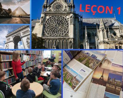 kolaż zdjęć budowle Francji uczniowie podczas zajęć w bibliotece