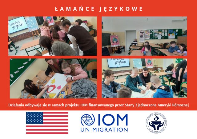 kolaż zdjęć uczniowie wykonują plakaty z łamańcami językowymi
