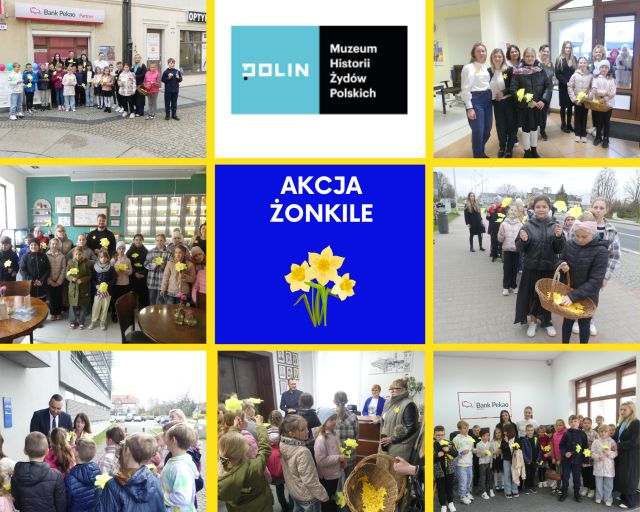 kolaż zdjęć uczniów i nauczycieli rozdających żonkile dla społeczności lokalnej