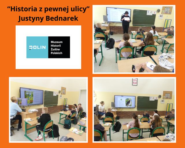kolaż zdjęć uczniów podczas lekcji bibliotecznej słuchających nauczycieli czyytających ebooka Historia z pewnej ulicy