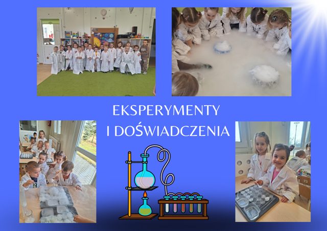 kolaż zdjęć przedszkolak&oacute;w podczas eksperyment&oacute;w z suchym lodem
