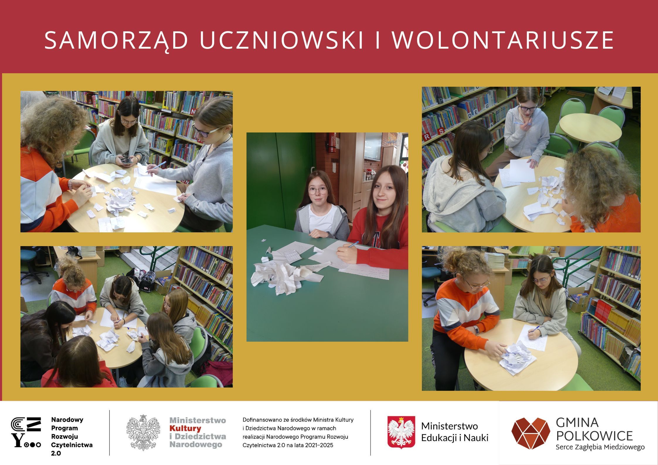 kolaż zdjęć uczennice z Samorządu Uczniowskiego i wolontariuszki w bibliotece siedzą w bibliotece przy stolikach i sporządzaja listę książek