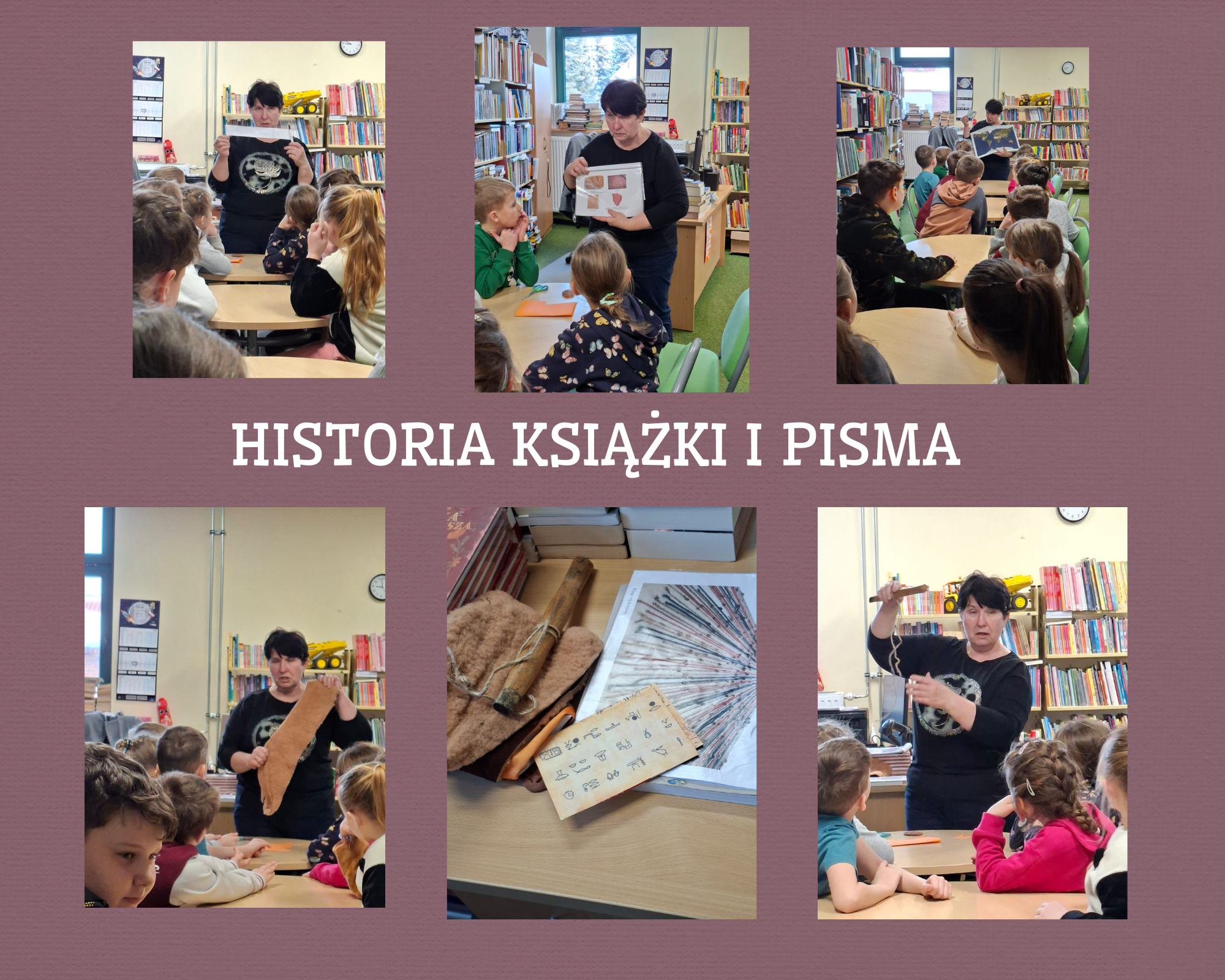 kolaż zdjęć dzieci na lekcji bibliotecznej w bibliotece