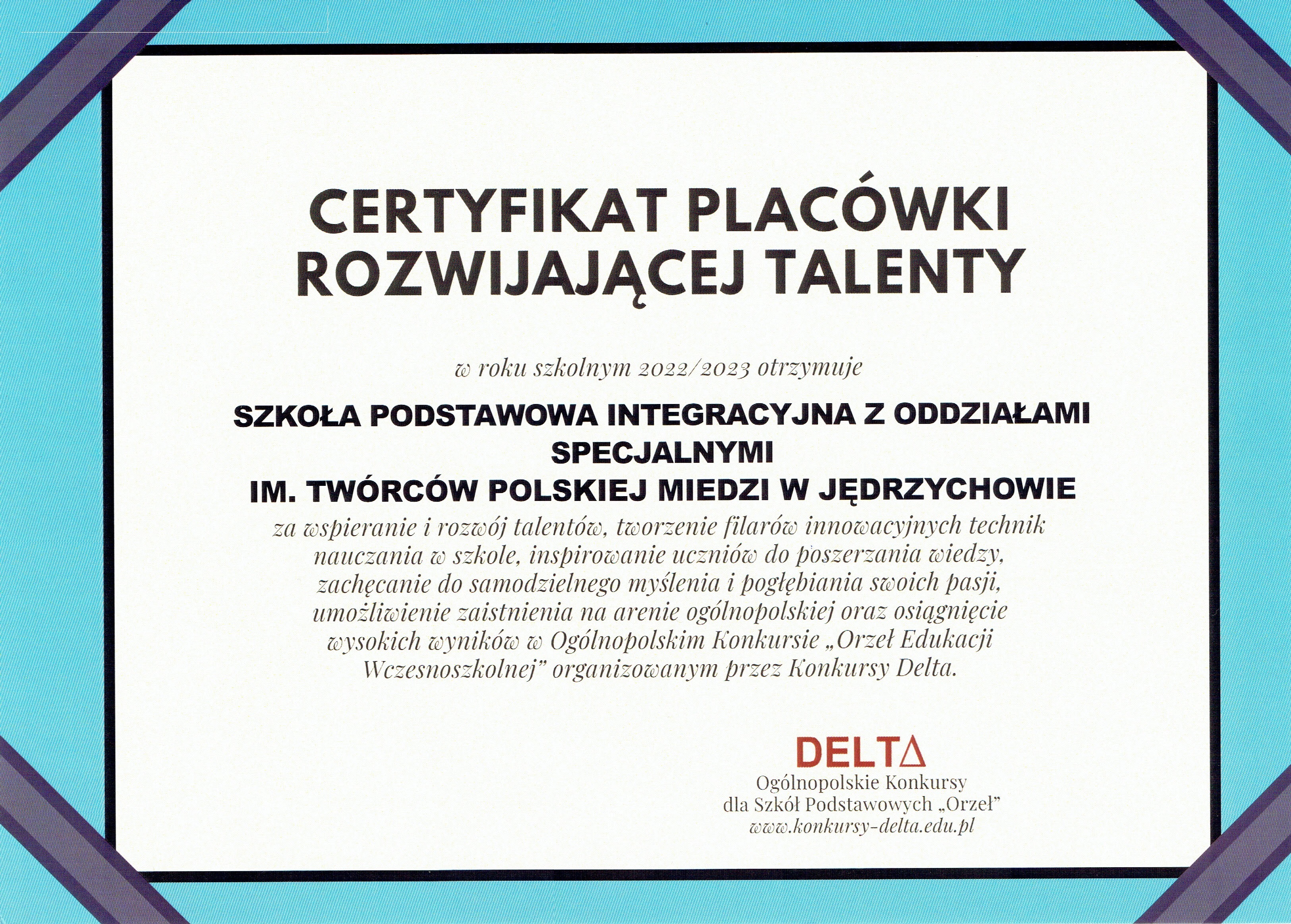 Certyfikat placówki rozwijającej talenty