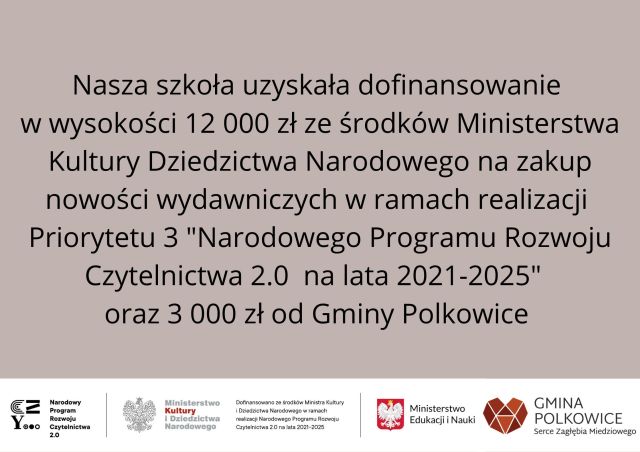 plakat z informacją o dotacji w ramach Narodowego Programu Rozwoju Czytelnictwa 2.0 w kwocie 12000 zł oraz z od Gminy Polkowice w kwocie 3000 zł