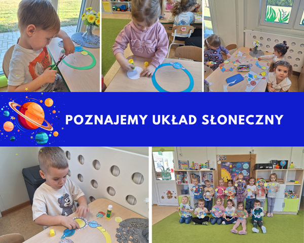 kolaż zdjęć przedszkolaków podczas pracy plastycznej oraz zdjęcie grupowe