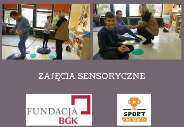 kolaż zdjęć na górze chłopcy ćwiczą na podkładkach balansujących i dyskach sensorycznych na dole logo fundacji i logo propgramu