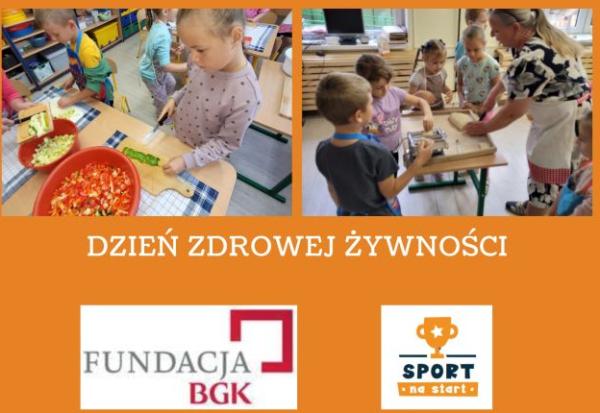 kolaż zdjęć na górze po lewej przedszkolaki kroją warzywa po prawej przygotowują z wychowaczynia ciasto na pierogi na dole logo fundacji i programu sport na start 