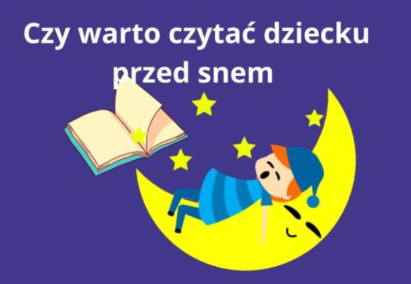 grafika dziecko śpi na księżycu obok rozłożona książka na górze napis czy warto czytać dziecku przed snem