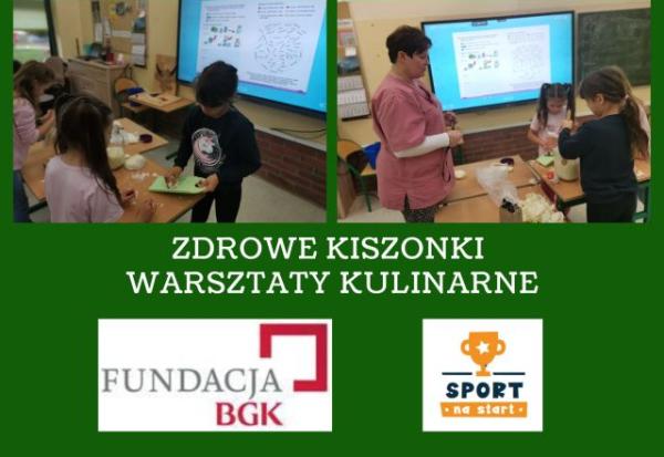 kolaż zdjęć dzieci szatkują kapustę na mandolinie i ubijaja kapustę w słoiku obok stoi pielęgniarka szkolna