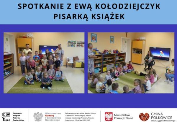 przedszkolaki z pisarką książek dla dzieci i wychowawczyniami