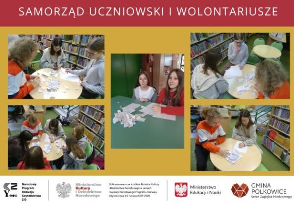 kolaż zdjęć uczennice z Samorządu Uczniowskiego i wolontariuszki w bibliotece siedzą w bibliotece przy stolikach i sporządzaja listę książek