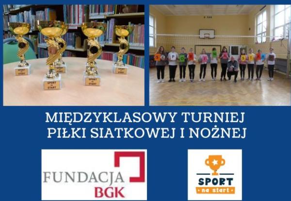 kolaż zdjęć u góry od lewej puchary z napisem sport na start po prawej uczennice z nauczycielem z napisem sport na start na dole logo fundacji BGK i programu