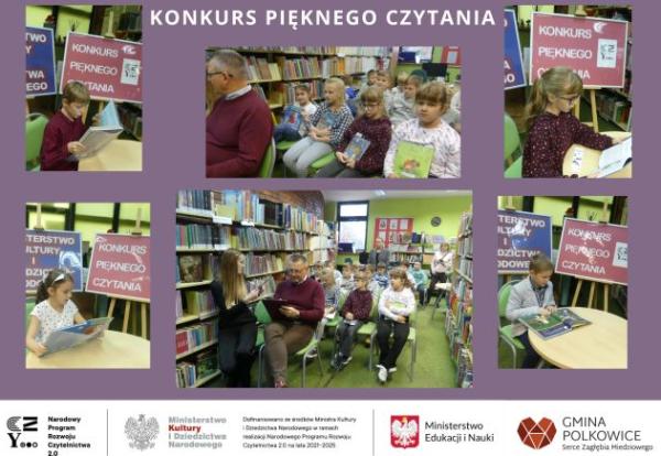 kolaż zdjęć dzieci w bibliotece szkolnej siedzą razem z jurorami w rzędach pojedyńczo przy jednym stoliku czestnicy czytają książkę na dole loga patronów projektu