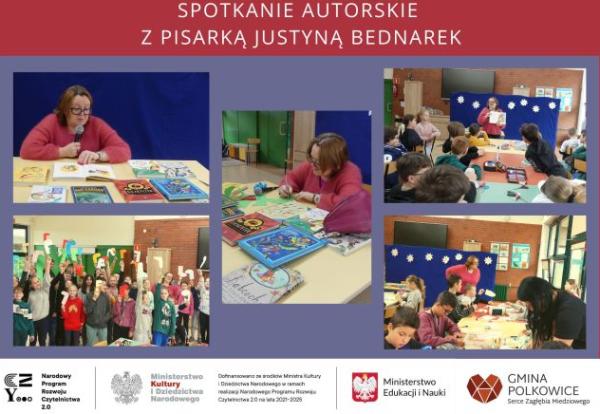 kolaż zdjęć u góry pisarka czyta książkę przy stoliku i podpisuje książki po prawej uczniowie wykonują papierowe skarpetki na dole zdjęcie grupowe