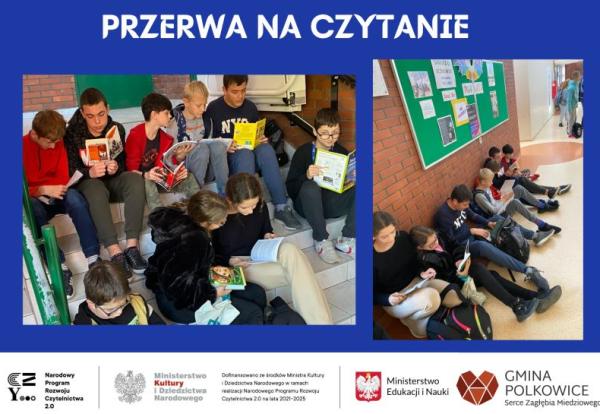 kolaż zdjęć uczniowie siedzą na korytarzu i czytają książki 