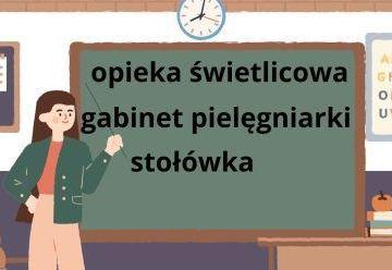 plakat z napisem opieka świetlicowa gabinet pielęgniarki stołówka