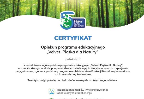 Certyfikat uczestnictwa w programie edukacyjnym Velvet piątka dla natury