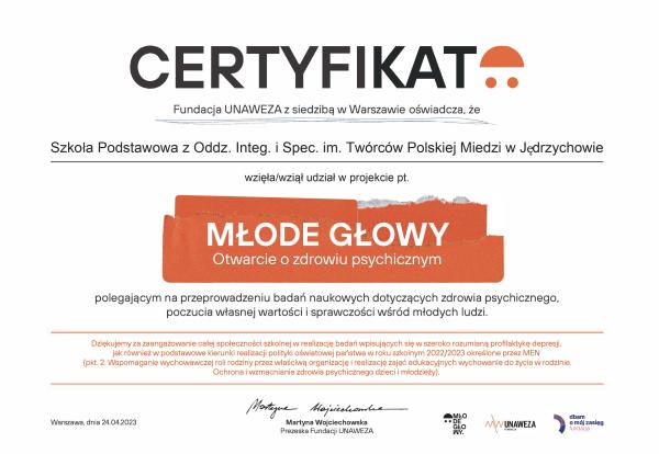 Certyfikat uczestnictwa w programie Młode głowy- otwarcie o zdrowiu psychicznym