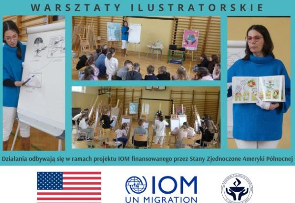 kolaż zdjęć uczniów i ilustratorki książek dla dzieci