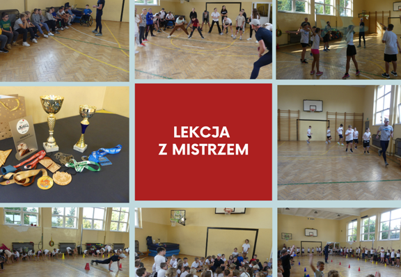 kolaż zdjęć uczniów podczasćwiczeń na sali gimnastycznej
