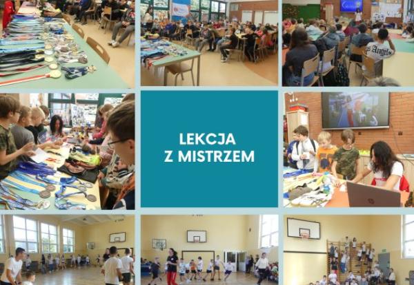 kolaż zdjęć uczniów w świetlicy szkolnej i w sali gimastycznej z lekkoatletką