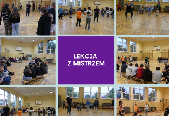 kolaż zdjęć uczniów na spotkaniu z Arkadiuszem Michalskim
