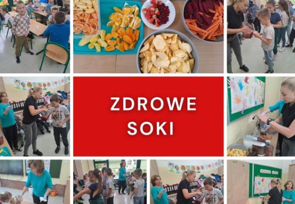 kolaż zdjęć dzieci i nauczycieli podczas wykonywania soków