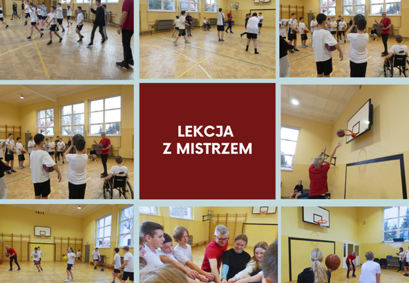 kolaż zdjęć uczniów i trenera koszykówki w sali gimnastycznej na zajęciach sportowych