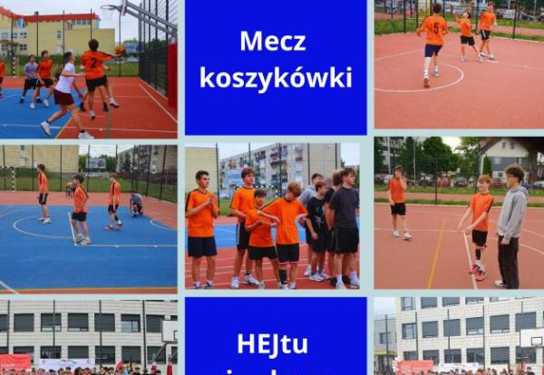 kolaż zdjęć uczniów na stadionie na meczu koszykówki