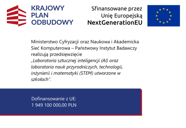 grafika z informacją o otrzymaniu sprzętu do pracowni sztucznej inteligencji 