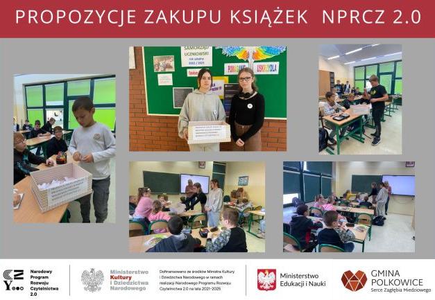 Kolaż zdjęć na górze przy tablicy stoją dwie uczennice z pudełkiem na kartki z propozycjami książek po lewej i prawej stronie oraz na dole grafiki zdjęcia klas, w których uczniowie rzucają karteczki do pudełka