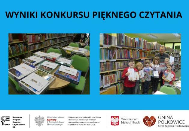 kolaz zdjęć od lewej w bibliotece na stole nagrody i dyplomy po prawej dzieci z jurorem na dole loga patronów programu