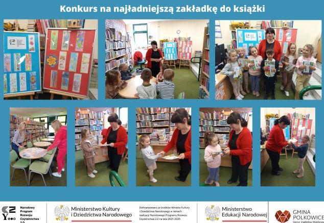 kolaż zdjęć przedszkolaków i bibliotekarza podczas rozdania dyplomów i nagród