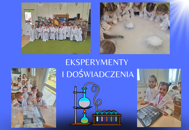 kolaż zdjęć przedszkolaków podczas eksperymentów z suchym lodem