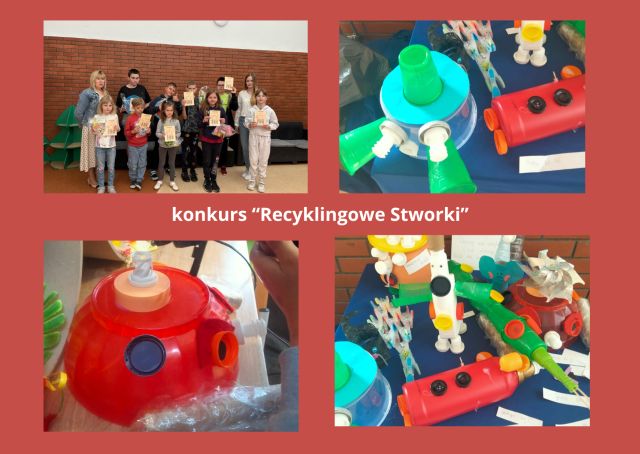 kolaż zdjęć uczniów nagrodzonych w konkursie oraz prace konkursowe