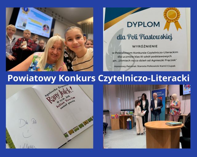 kolaż zdjęć uczennicy podczas rozdania nagr&oacute;d w konkursie