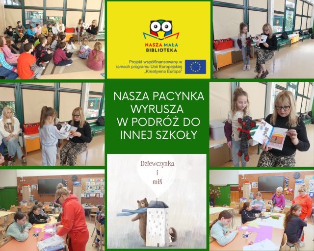 kolaż zdjęć uczni&oacute;w na zajęciach o pacynce z projektu Nasza Mała Biblioteka