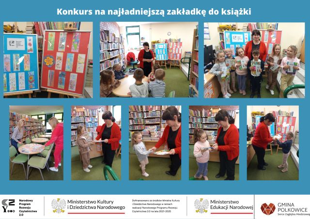 kolaż zdjęć przedszkolaków i bibliotekarza podczas rozdania dyplomów i nagród