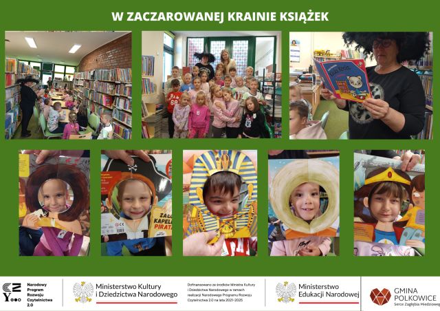 kolaż zdjęć przedszkolak&oacute;w na zajęciach w bibliotece szkolnej