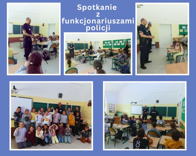 kolaż zdjęć uczniów klasy czwartej na spotkaniu w klasie z policjantami