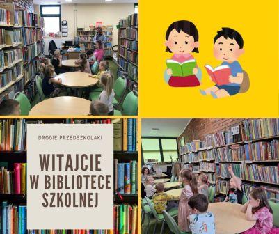 kolaż zdjęć przedszkolak&oacute;w w bibliotece szkolnej