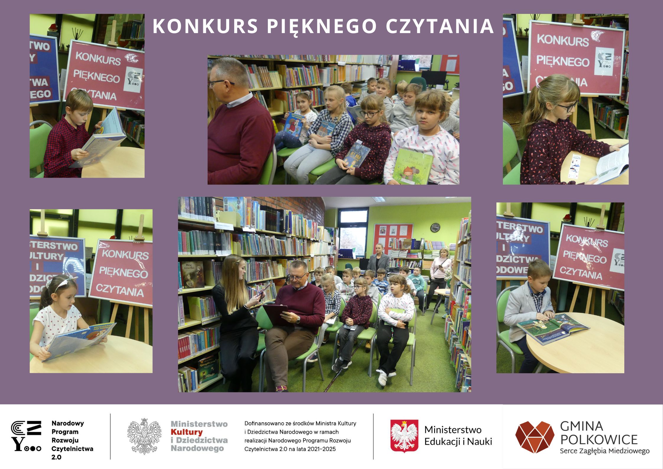 kolaż zdjęć uczni&oacute;w na konkursie w bibliotece szkolnej