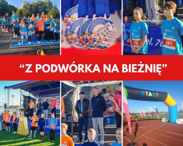 kolaż zdjęć uczni&oacute;w i sportowc&oacute;w na stadionie lekkoatletycznym
