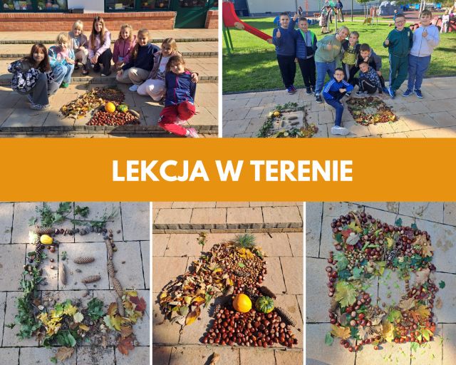 kolaż zdjęć uczni&oacute;w na terenach zielonych szkoły