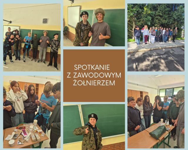 kolaż zdjęć uczni&oacute;w na spotkaniu z żołnierzem