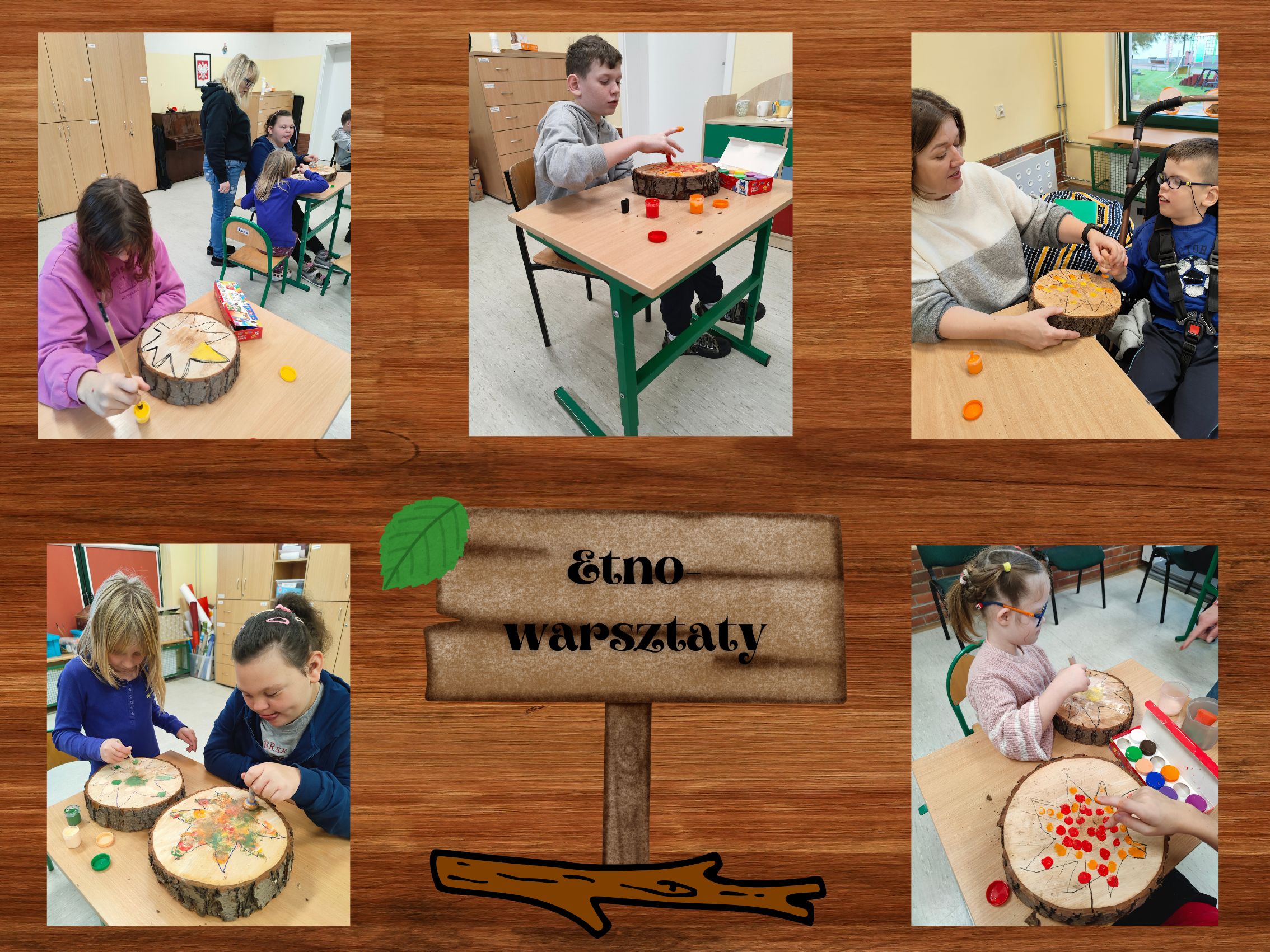 uczniowie malują na kawałku drewna