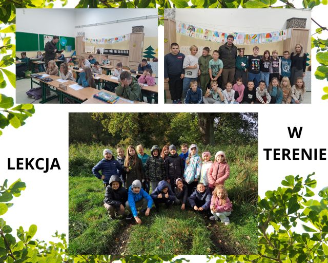 kolaż zdjęć uczni&oacute;w w klasie i na terenach leśnych