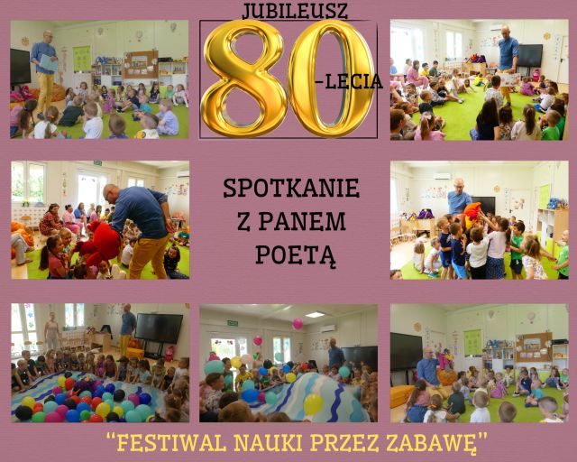 kolaż zdjęć przedszkolak&oacute;w na spotkaniu z pisarzem
