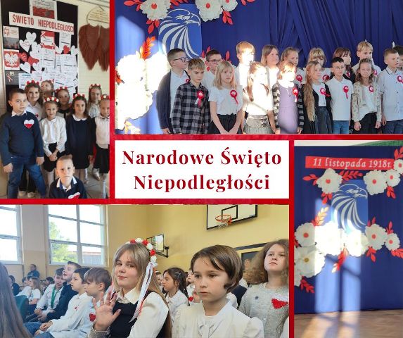 kolaż zdjęć uczni&oacute;w na uroczystości z okazji święta odzyskania niepodległości